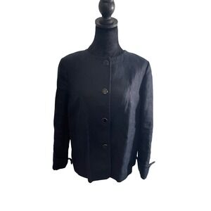 Talbots Linen Blazer Coat Women's Black‎ Size 10 Long Sleeve Cuffs Lined EUC